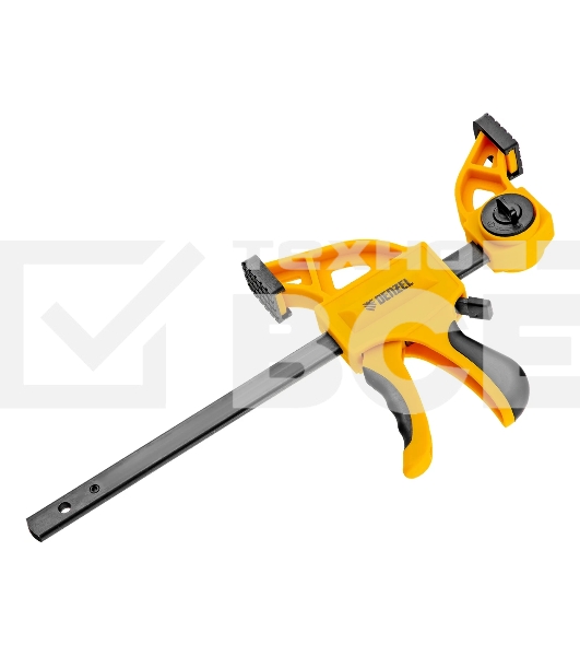 Струбцина Denzel F-образная, быстрозаж., 6'x 2 3/4', 150х70мм, пласт.корпус,фиксатор,двухк. рук-ка