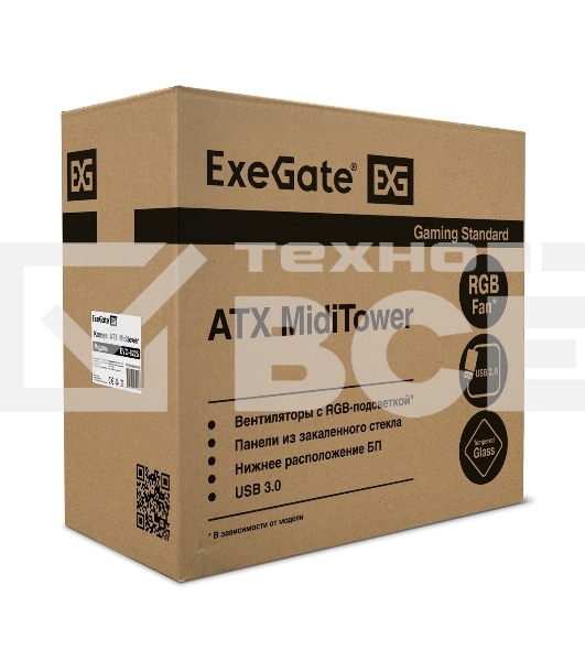 Компьютерный корпус Miditower ExeGate EVO-8225-NPX600 (ATX, БП 600NPX с вент. 12см, 2хUSB+1хUSB 3.0, черный, 2 вент. с RGb подсветкой и полоса на передней панели, боковая панель - закаленное стекло)