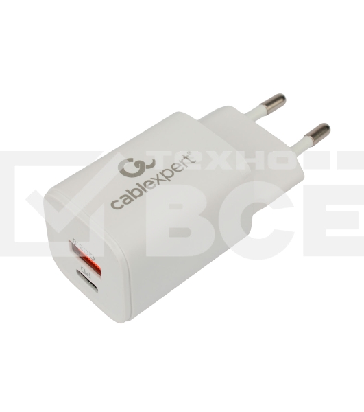 Зарядное устройство Cablexpert MP3A-PC-42, 30Вт, быстрая зарядка QC3.0/PD, 2 порта: USB и Type-C, белый, пакет