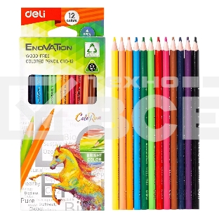 Карандаши цветные Deli EC113-12 Enovation, трехгранный профиль, пластик 12 цветов, коробка с европодвесом (12шт)