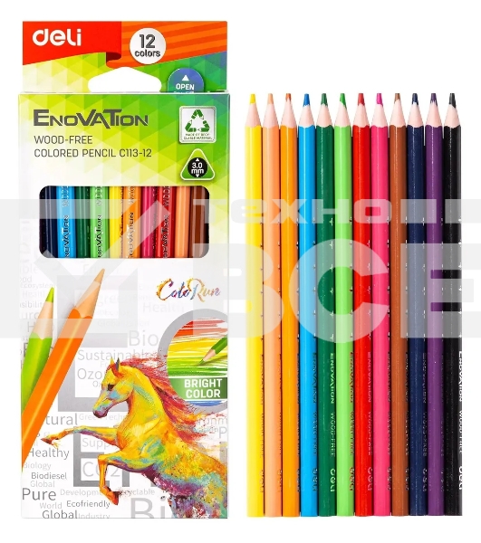 Карандаши цветные Deli EC113-12 Enovation, трехгранный профиль, пластик 12 цветов, коробка с европодвесом (12шт)