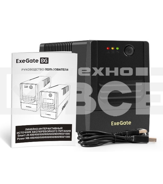 Источник бесперебойного питания ExeGate Power NB-500.LED.AVR.2SH.USB (500VA/300W, LED, AVR, 2*Schuko, USB, батарея 12V 4.5Ah, Black)