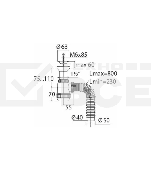 Сифон МИНИ ЭЛИТ для раковин 1'1/2 x 40/50 мм с нержавеющей чашкой 63 мм и с гофротрубой L800 мм, литой выпуск