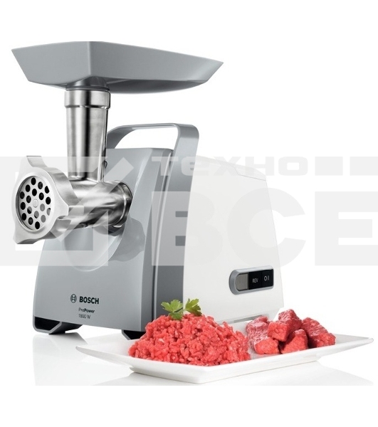 Мясорубка электрическая Bosch MFW 66020 белый/серый, 1800 Вт, 3.0 кг/мин, реверс, защита от перегрузки, насадки - 5