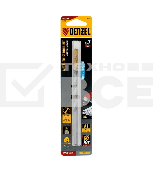 Сверло спиральное по металлу Denzel 7,0 х 156 мм, Р6М5, Golden Tip, удлиненное