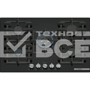 Газовая варочная панель Bosch PPQ7A6I45, 75 см, закаленное стекло, черная, 5 конфорок, 1 WOK-конфорка c 2 контурами пламени, 1 конфорка повышенной мощности, FlameSelect, индивидуальные чугунные решетки, газ-контроль, автоматический электроподжиг, сделано в Испании