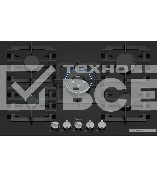Газовая варочная панель Bosch PPQ7A6I45, 75 см, закаленное стекло, черная, 5 конфорок, 1 WOK-конфорка c 2 контурами пламени, 1 конфорка повышенной мощности, FlameSelect, индивидуальные чугунные решетки, газ-контроль, автоматический электроподжиг, сделано в Испании