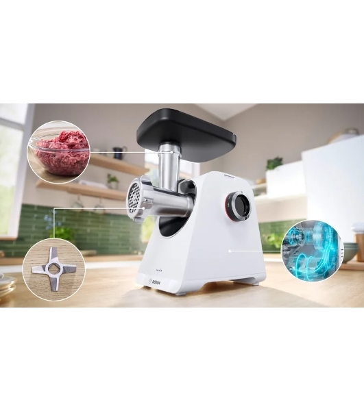 Мясорубка электрическая Bosch MFWS607W белый, 2100 Вт, 3.5 кг/мин, реверс, насадки - 4