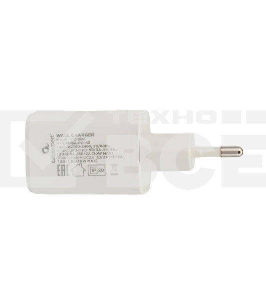 Зарядное устройство Cablexpert MP3A-PC-42, 30Вт, быстрая зарядка QC3.0/PD, 2 порта: USB и Type-C, белый, пакет