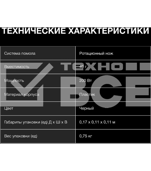 Кофемолка Hyundai HYC-G3241 200Вт сист.помол.:ротац.нож вместим.:40гр черный