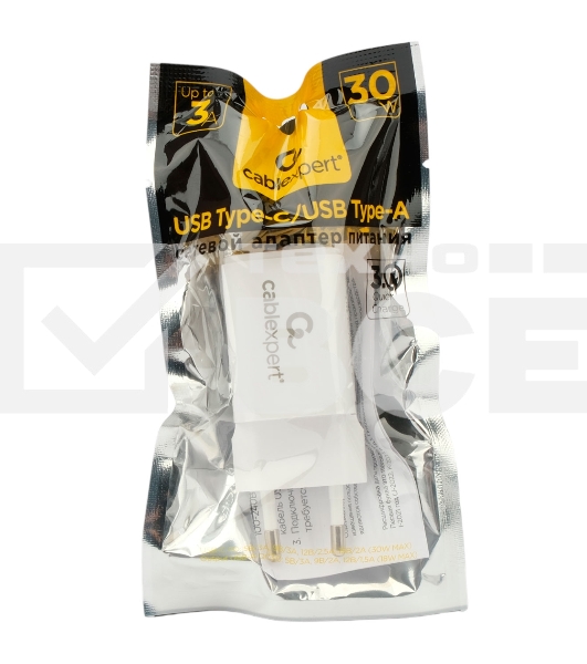 Зарядное устройство Cablexpert MP3A-PC-42, 30Вт, быстрая зарядка QC3.0/PD, 2 порта: USB и Type-C, белый, пакет