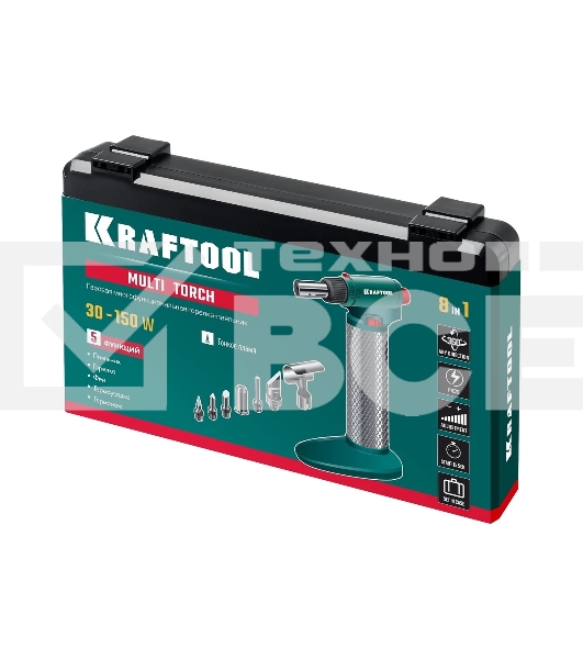 Газовый паяльник KRAFTOOL MULTI TORCH набор 8-в-1, 30-150 Вт, горелка, фен, пьезоподжиг, 1300°С