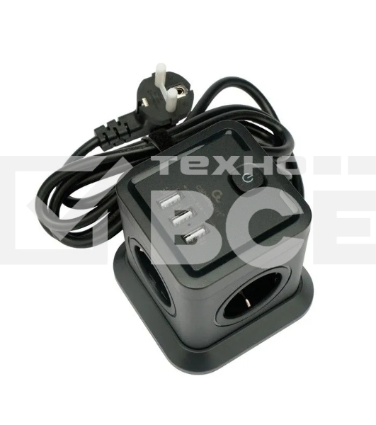 Сетевой фильтр Cablexpert Tower TWR-4-U3-B-2, 4р, 10А, 3xUSB, 3.1А, 2м, ур.защиты 2+, черный, коробка