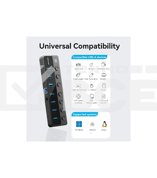 Концентратор Vention OTG USB 3.0 на 7 портов черный