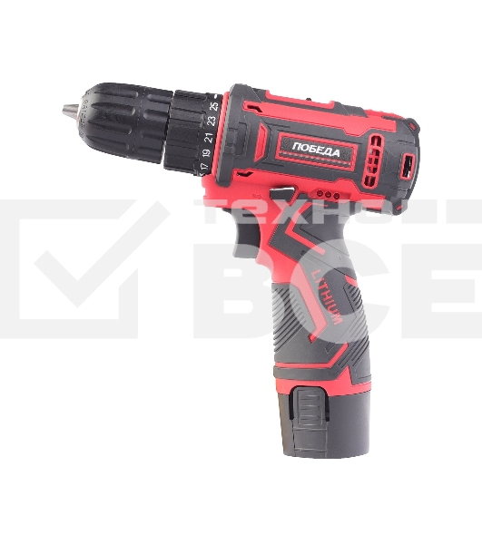 Дрель-шуруповерт аккумуляторная ПОБЕДА ДА-12П/2 Ли, 1 АКБ, 12В, 2,0 Ач, 25Нм, 2 скорости, кейс, комплект сверел и бит