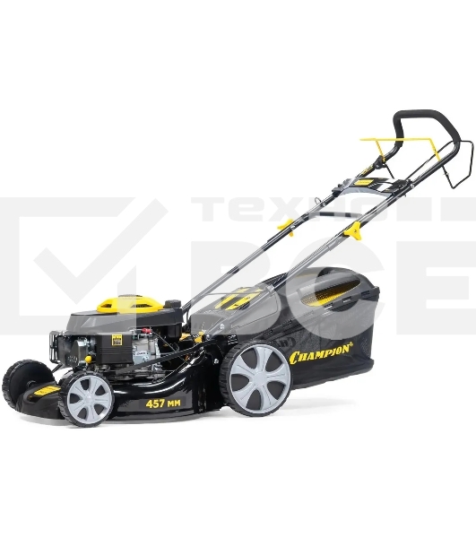 Газонокосилка Champion LM4627 (2,6кВт привод травосб.60л. шир.460мм 25-75мм 31,6кг 3в1)(Газонокосилка самоходная, Объем двигателя 139 см3, вес без травосборника 31,6 кг, Объем топливного бака 1,0 л, Мощность 2,6/3,5 кВт/л.с., объем травосборника 60 л, ширина среза 460 мм, высота среза 25-70 мм.)