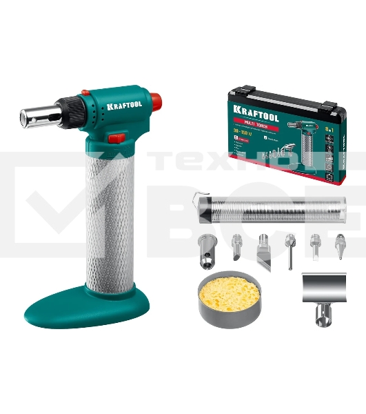 Газовый паяльник KRAFTOOL MULTI TORCH набор 8-в-1, 30-150 Вт, горелка, фен, пьезоподжиг, 1300°С