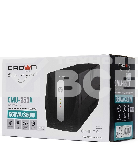 Источник бесперебойного питания Crown CMU-650X (600ВА/360 Вт; 2хEURO резервным питанием и фильтрацией; 12V/7AH х 1; пластик)