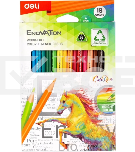Карандаши цветные Deli EC113-18 Enovation, трехгранный профиль, пластик 18 цветов, коробка с европодвесом (18шт)
