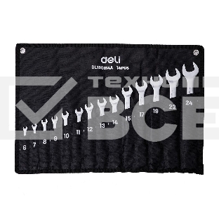 Набор комбинированных гаечных ключей 14 шт Deli DL130014A Спецификация: 6,7,8,9,10,11,12,13,14,15,17,19,22,24 мм. Матовая хромированная поверхность. Тканевая упаковка.