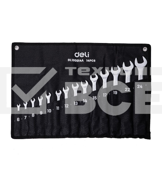 Набор комбинированных гаечных ключей 14 шт Deli DL130014A Спецификация: 6,7,8,9,10,11,12,13,14,15,17,19,22,24 мм. Матовая хромированная поверхность. Тканевая упаковка.