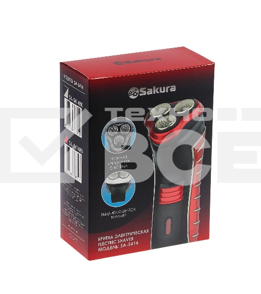Электробритва Sakura SA-5414RB красно-черный(Бритва электрическая, сухое бритье, работа от аккумулятора. 3 бреющие головки. Индикатор заряда батарейки. Защитная крышка. Щеточка для очистки.)