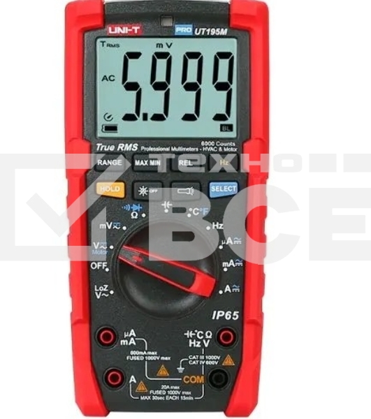 Профессиональный мультиметр UNI-T UT195M Напряжение постоянного/переменного тока (1000 В); постоянный/переменный ток (20А); Сопротивление (60 МОм); Емкость (60 мФ); Частота (40 МГц); Температура (1000 ℃)
