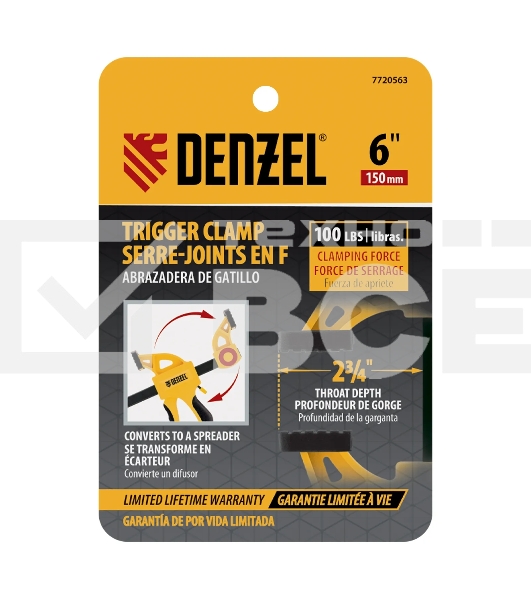 Струбцина Denzel F-образная, быстрозаж., 6'x 2 3/4', 150х70мм, пласт.корпус,фиксатор,двухк. рук-ка