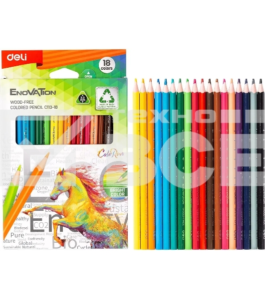 Карандаши цветные Deli EC113-18 Enovation, трехгранный профиль, пластик 18 цветов, коробка с европодвесом (18шт)