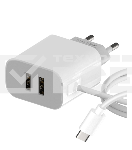 Сетевое зарядное устройство Maxvi CHL-242T 2.4A, with Type-C cable, 2хUSB-A, белый