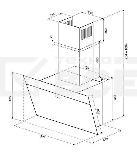 Вытяжка наклонная Krona Kristen 600 black/inox S сенсорное управление, чёрный