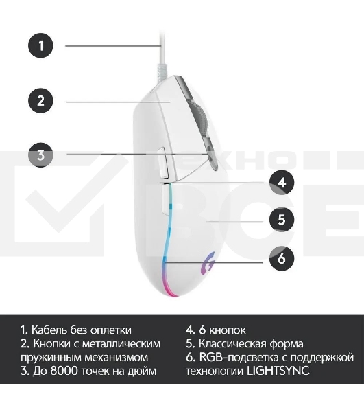 Мышь проводная Logitech G102 LIGHTSYNC белый, 8000 dpi, USB, кнопки - 6
