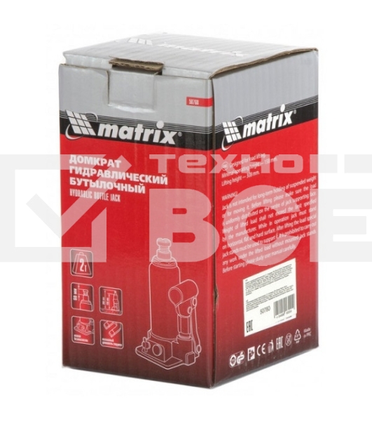 Домкрат гидравлический бутылочный Matrix, 2 т, h подъема 158–308 мм