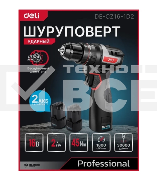 Дрель-шуруповерт Deli DE-CZ16-1A2, Аккумуляторная, 16В, 1 АКБ, Ударная, Сумка
