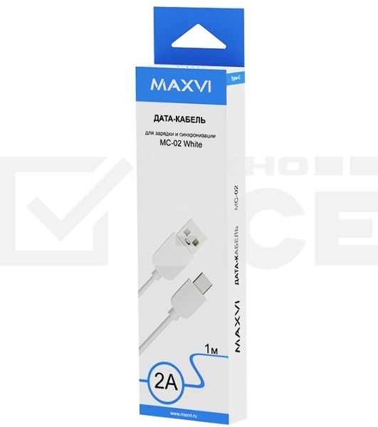 Кабель Maxvi MC-02 white USB-A - Type-C ток макс. нагрузки 2А, макс. напряжение 5V, длина кабеля 1м, материал PVC, белый