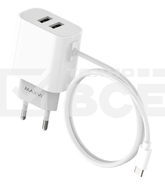 Сетевое зарядное устройство Maxvi CHL-242T 2.4A, with Type-C cable, 2хUSB-A, белый