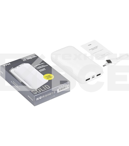 Мобильный аккумулятор TFN Solid PB-282 20000mAh 11W 2.1A 2xUSB-A белый (TFN-PB-282-WH)
