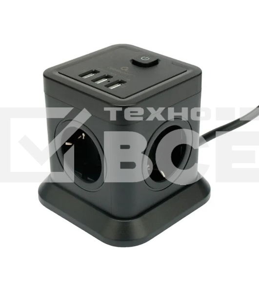 Сетевой фильтр Cablexpert Tower TWR-4-U3-B-2, 4р, 10А, 3xUSB, 3.1А, 2м, ур.защиты 2+, черный, коробка