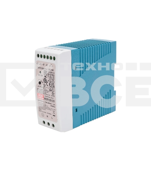 Блок питания AC-DC, 60Вт, вход 85-264V AC, 47-63Гц,120-370В DC, выход 24В,0-2,5A, рег. вых=0-+20%Uном, в кожухе на DIN-рейку