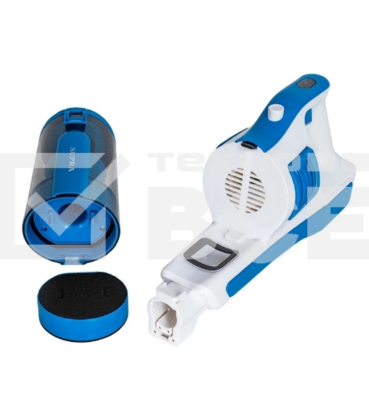 Пылесос вертикальный SUPRA VCS-5097 белый/синий, питание от аккумулятора, 140 Вт, уборка сухая, пылесборник 0.8 л