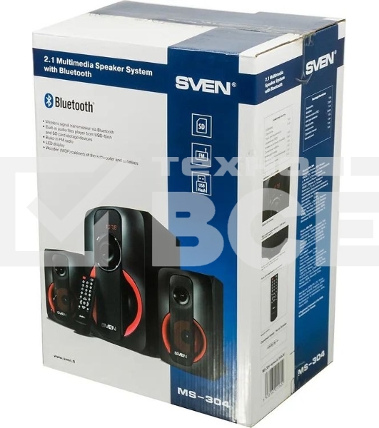 Колонки SVEN AC MS -304, черный Акустическая система, беспроводная передача сигнала по Bluetooth, суммарная мощность (RMS), Вт - 40, выходная мощность (RMS), Вт - сабвуфер: 20, сателлиты: 20 (2 х10), частотный диапазон, Гц - сабвуфер: 40 – 150, сателлиты: 150 – 20 000, размеры динамиков, мм - сабвуфер: O 128, воспроизведение с USB flash и SD card памяти, встроенное FM-радио, LED-дисплей, пульт ДУ, материал корпуса сабвуфера и сателлитов – дерево (MDF).