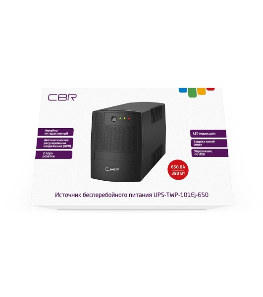 Источник бесперебойного питания CBR UPS-TWP-101EJ-650 / 650ВА / 390Вт, Schuko CEE 7 x2 outlets, USB Type-B, RJ11/45