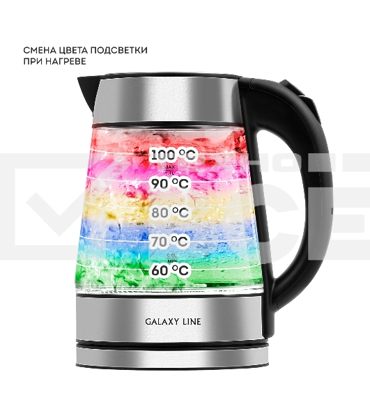 Чайник электрический Galaxy Line GL 0561, стекло, 2200 Вт, 1,7 л, многоцветная LED-подсветка, съемный фильтр, корпус из термостойкого стекла