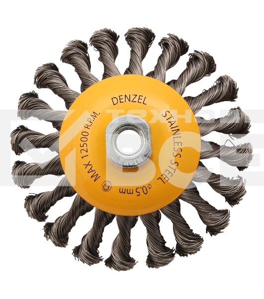 Щетка для УШМ Denzel 125 мм, М14, тарелка, крученая нержавеющая проволока 0,5 мм