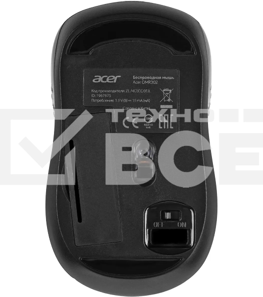 Мышь беспроводная Acer OMR302 черный, 1200 dpi, радиоканал, USB, кнопки - 3