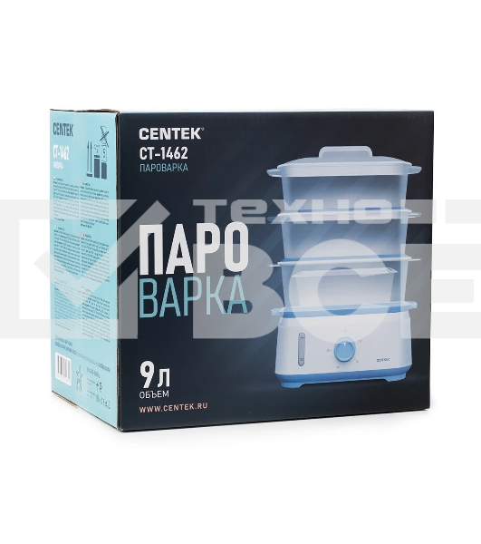 Пароварка электрическая Centek CT-1462 9л 1050Вт, таймер 60 мин, 3 контейнера, чаша для риса, резервуар 1,5л.