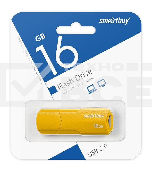 Флешка USB Smartbuy CLUE Yellow (SB16GbCLU-Y), 16Gb, USB 2.0, R/W 25/15, желтый