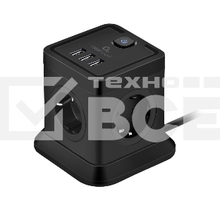 Сетевой фильтр Cablexpert Tower TWR-4-U3-B-2, 4р, 10А, 3xUSB, 3.1А, 2м, ур.защиты 2+, черный, коробка