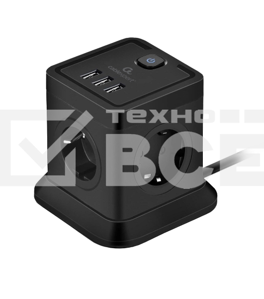 Сетевой фильтр Cablexpert Tower TWR-4-U3-B-2, 4р, 10А, 3xUSB, 3.1А, 2м, ур.защиты 2+, черный, коробка