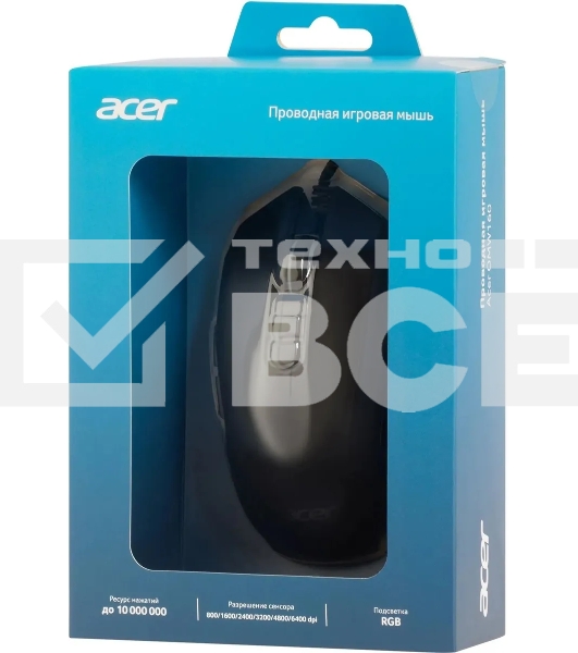 Мышь проводная Acer OMW160 черный, 6400 dpi, USB, кнопки - 8